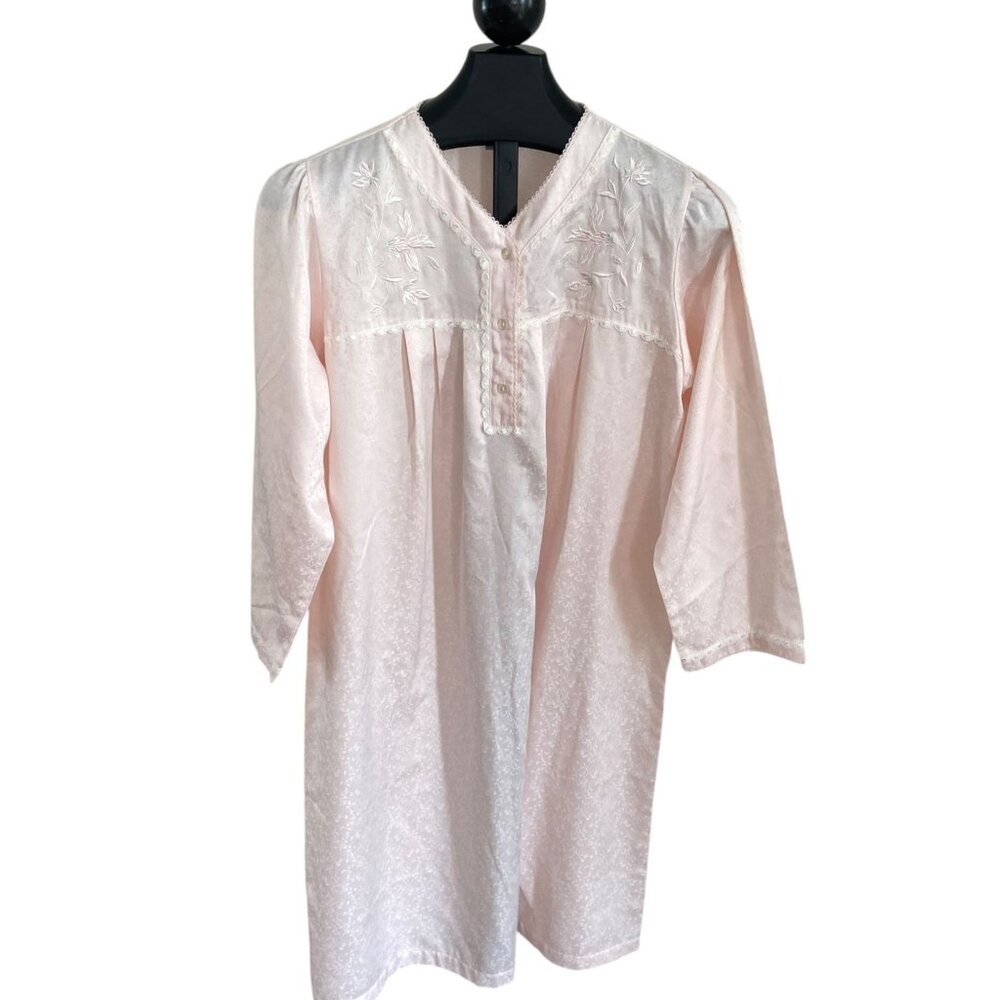 Womens Pink Embroidered Satin Nightgown Long Sleeve Lace Yoke Pleated Vintage XL